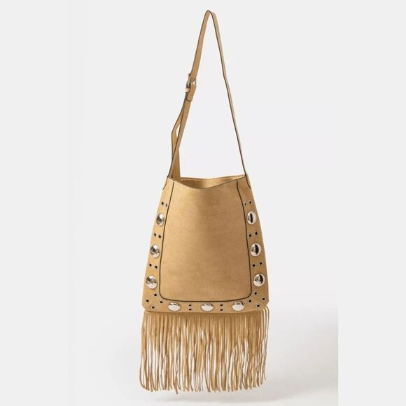 Faux Suede Grommet Accent Fringe Tote Bag - Picture 1 of 3
